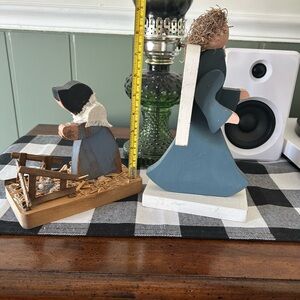 Handmade Wooden Angel and Maiden Figurines - Blue and White